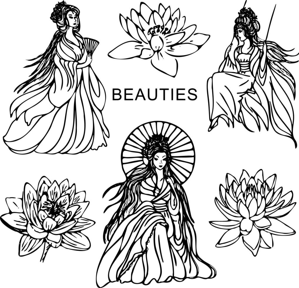 Asia-Mädchen in Sakura und Bambus. japanische traditionen des ostens. spa-elemente für das logo .drawing doodle style. vektor