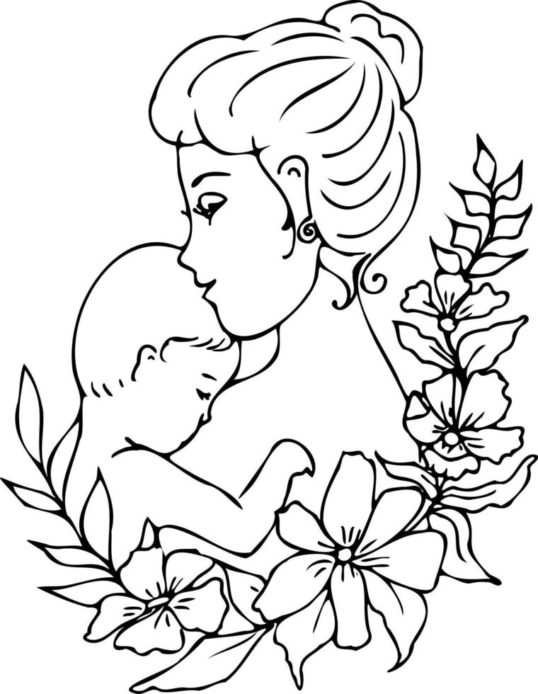 Lycklig familj mamma och bebis i blommor. en grupp av Lycklig människor tillsammans. vektor