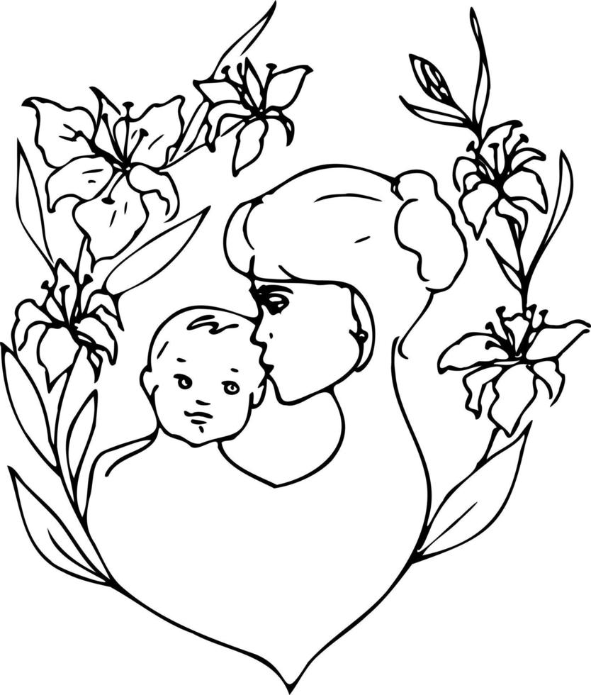 Lycklig familj mamma och bebis i blommor. en grupp av Lycklig människor tillsammans. vektor