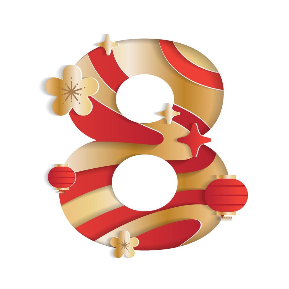 8 numerisch zahl chinesisches neujahr konzept charakter schriftart brief abstrakt papier blume laterne mondfest element funkeln leuchten steigung gold rot 3d papierschicht ausschnitt karte vektorillustration vektor