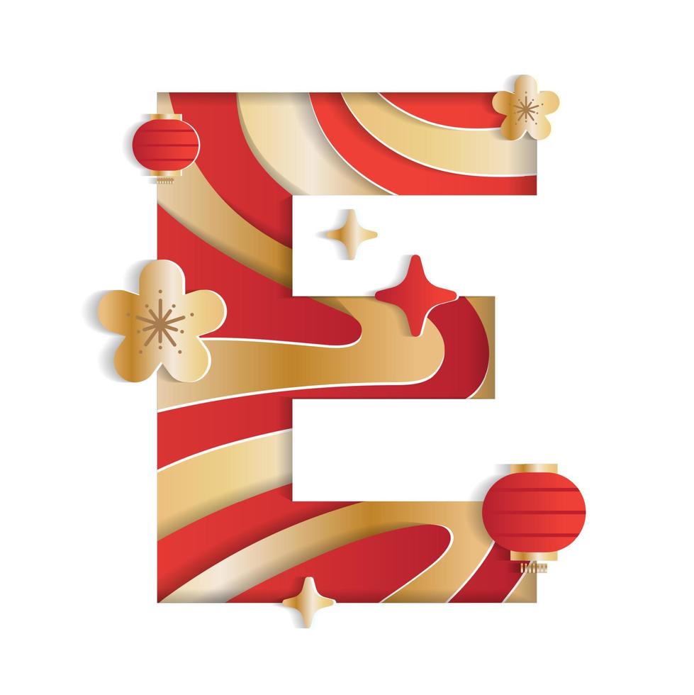 buchstabe e alphabet schriftart chinesisches neujahr konzept schriftart buchstabe abstrakt papier blume laterne mondfest element funkeln farbverlauf rot gold 3d papierschicht ausschnitt karte vektorillustration vektor