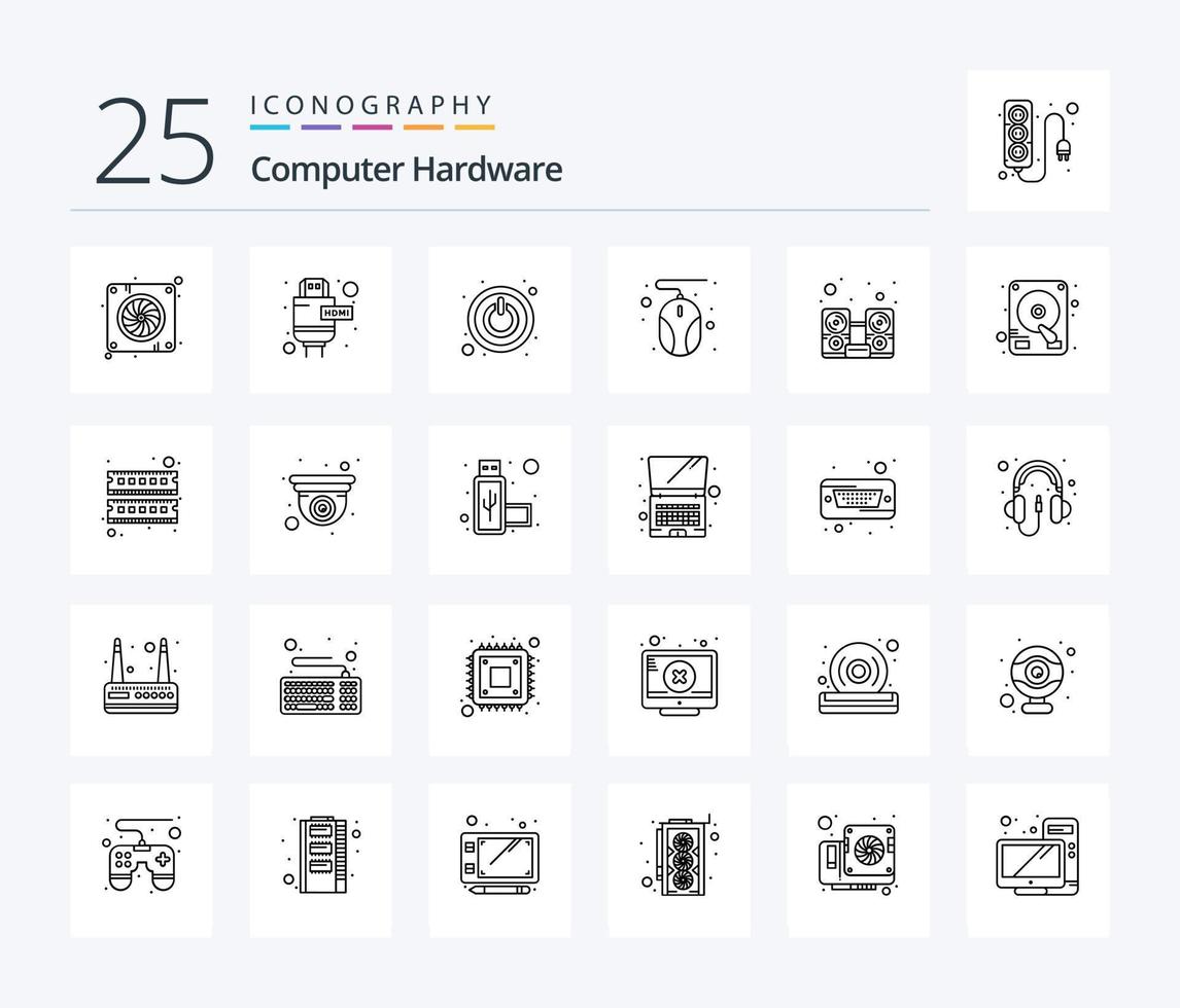 Computerhardware 25-Zeilen-Icon-Pack einschließlich Festplatte. Musik. stilllegen. Hardware. Maus vektor