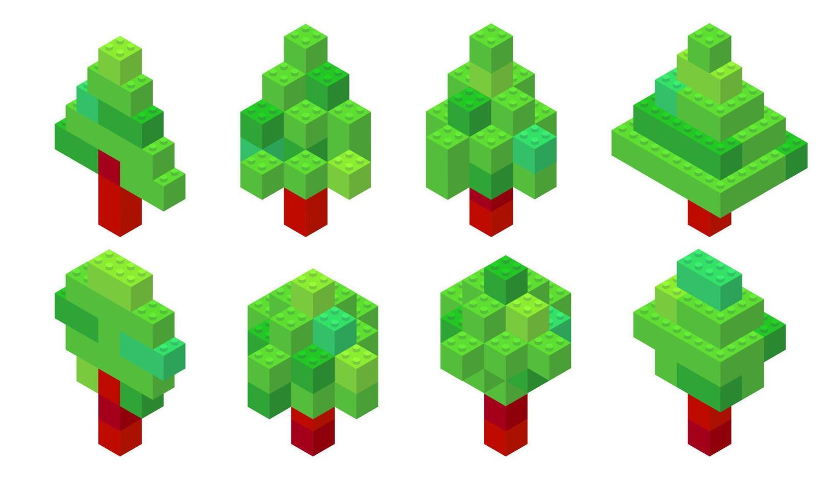 Satz von Bäumen in isometrischer Ansicht, die aus Plastikziegeln gesammelt wurden. Nadel- und Laubbäume. Weihnachtsbaum. Vektor-Illustration vektor