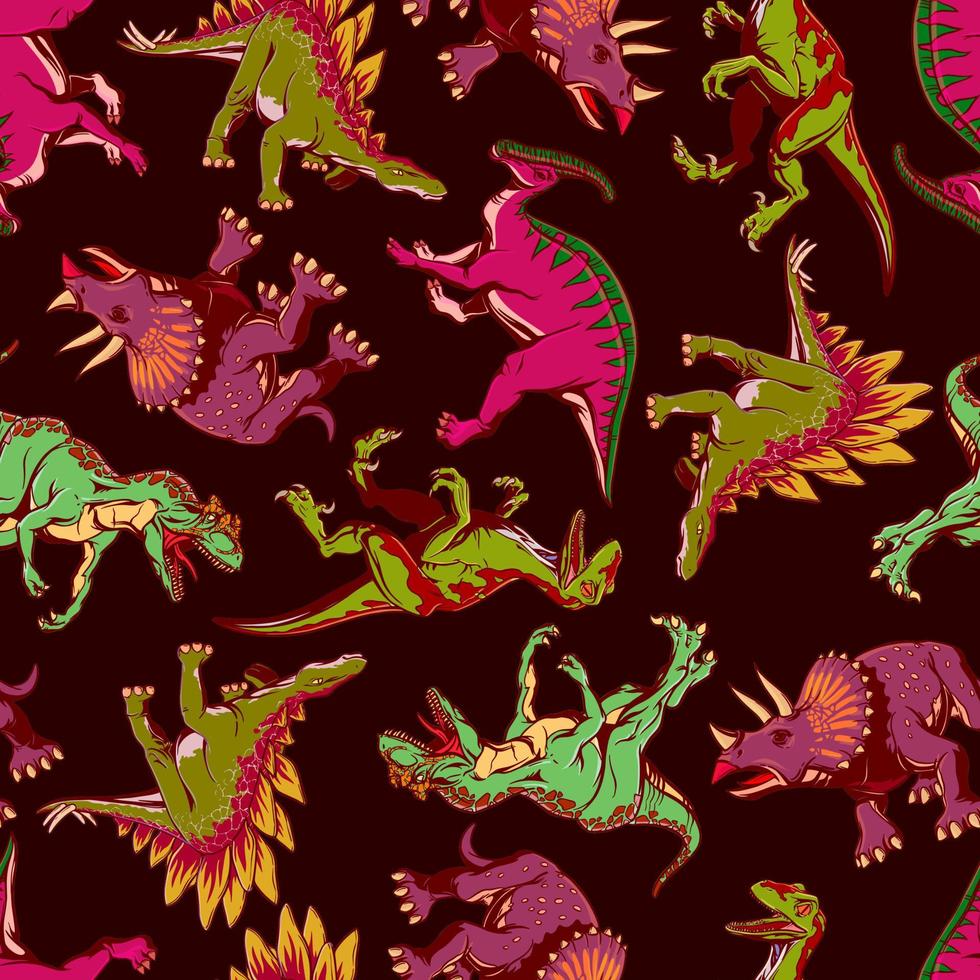 dinosauriermuster auf dunkelbraunem hintergrund im handrow-stil für druck und design.vektorillustration. vektor