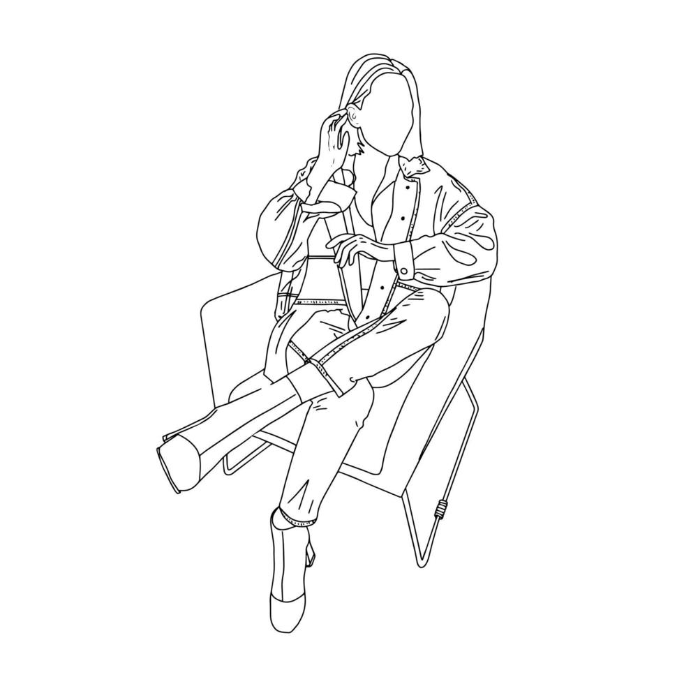 Stilvolles sitzendes Mädchen im linearen Stil, isoliert auf weißer Vektorillustration. vektor