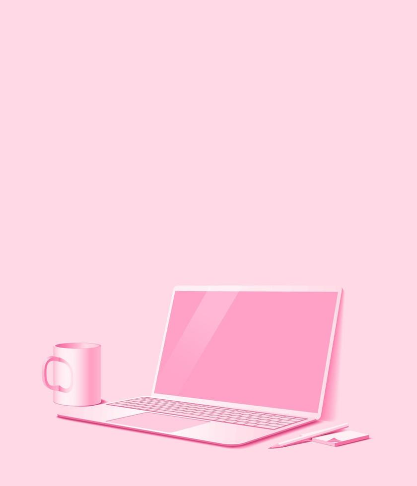 vertikaler hintergrund mit büroarbeitsplatz. ein Laptop, eine Tasse, ein Bleistift und ein Notizbuch. pinke Farbe. vektor