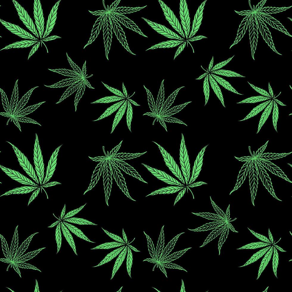 Cannabis verlässt Muster auf schwarzem Hintergrund in handgezeichnetem Stil für Druck und Design. Vektorillustration. vektor