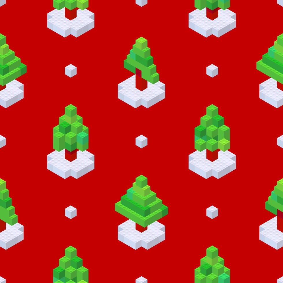 mönster av jul träd samlade in från kuber på en röd bakgrund i isometrisk stil. vektor illustration.