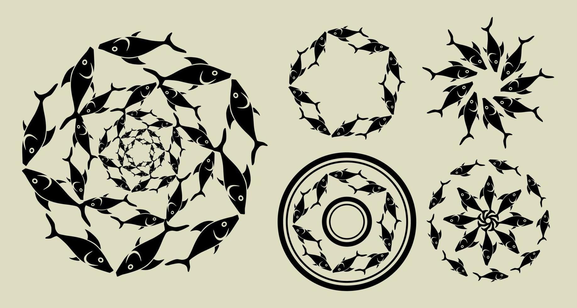 Reihe von runden Ornamenten aus schwarzen Fischen im Silhouettenstil auf weißem Hintergrund. für Druck, Website-Design, Tätowierung. Vektor-Illustration vektor