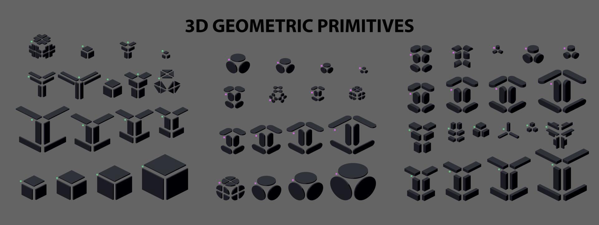 satz geometrischer primitiver 3d-figuren im isometrischen stil zur kombination in der konstruktion. vektorillustration. vektor