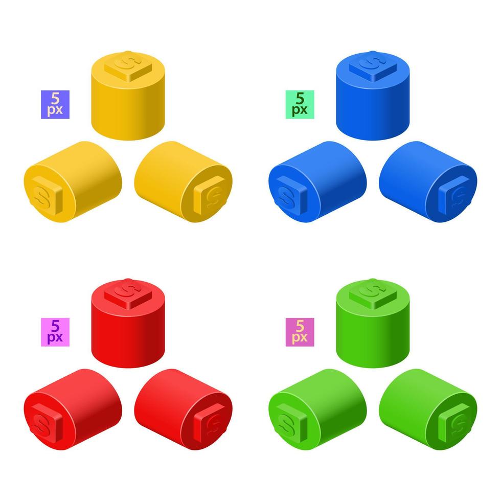 3d uppsättning av färgad konstruktör utrustning i isometri. små lång cylindrisk element. vektor illustration.