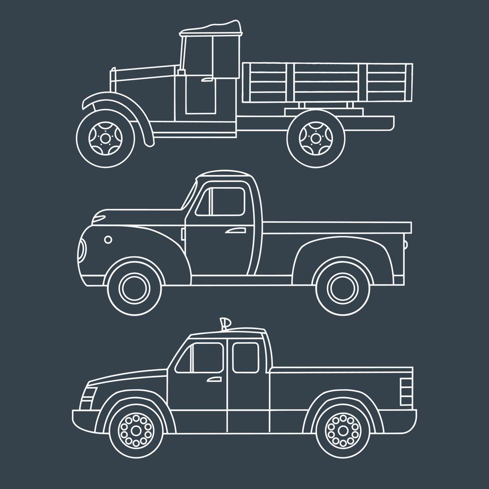 uppsättning av årgång lastbilar. linjär teckning på en mörk bakgrund. vektor illustration