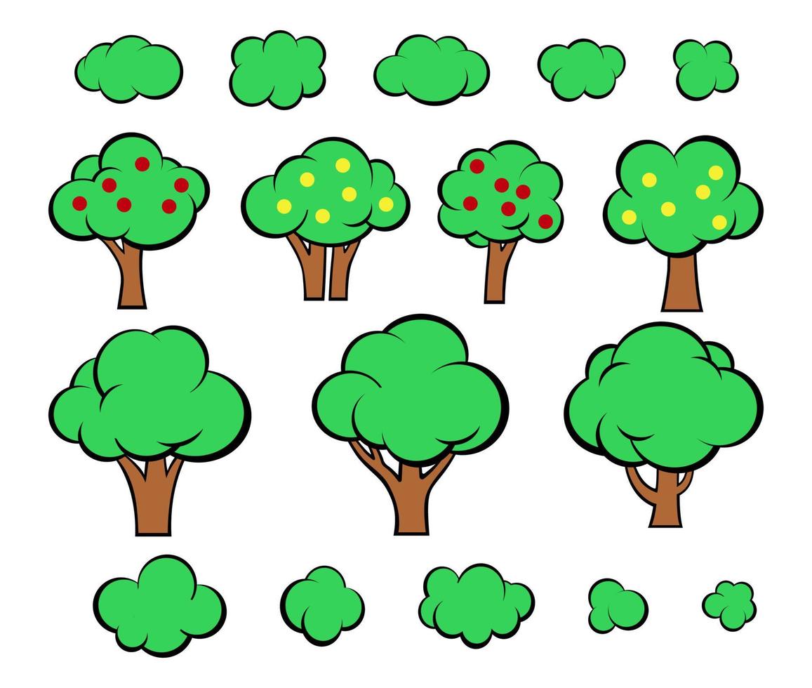 uppsättning av träd och buskar i tecknad serie stil för skriva ut och design. vektor illustration.
