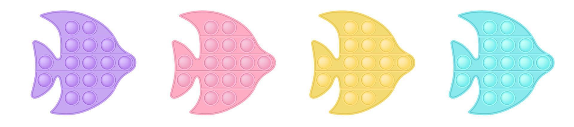 Knallende Spielzeugfische im Stil eines modischen Silikon-Fidget-Spielzeugs. süchtig machendes Spielzeug in Pastellfarben - Pink, Blau, Gelb, Lila. Blase sensorische Entwicklung für Kinderfinger. isoliert vektor