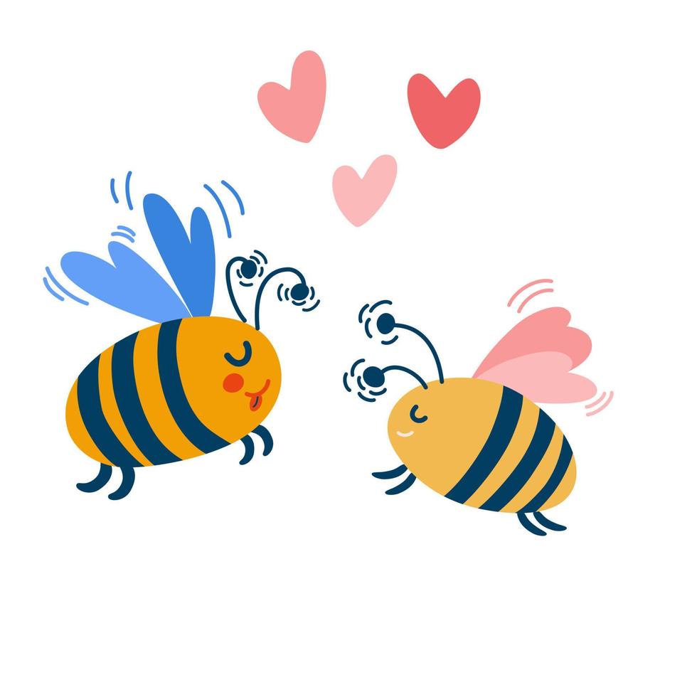 bin tecknad serie och en hjärta. tecken symbol med två bin i kärlek. perfekt för skriva ut, kort, hjärtans dag bakgrund. vektor tecknad serie illustration.