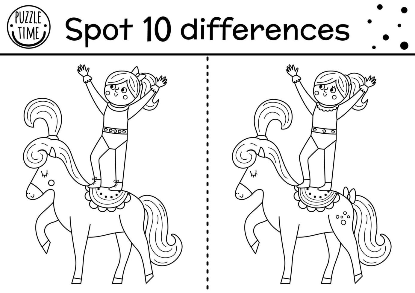 cirkus svart och vit hitta skillnader spel för ungar. pedagogisk linje aktivitet med gymnast flicka på ring. nöje visa pussel för barn. festival tryckbar färg sida vektor