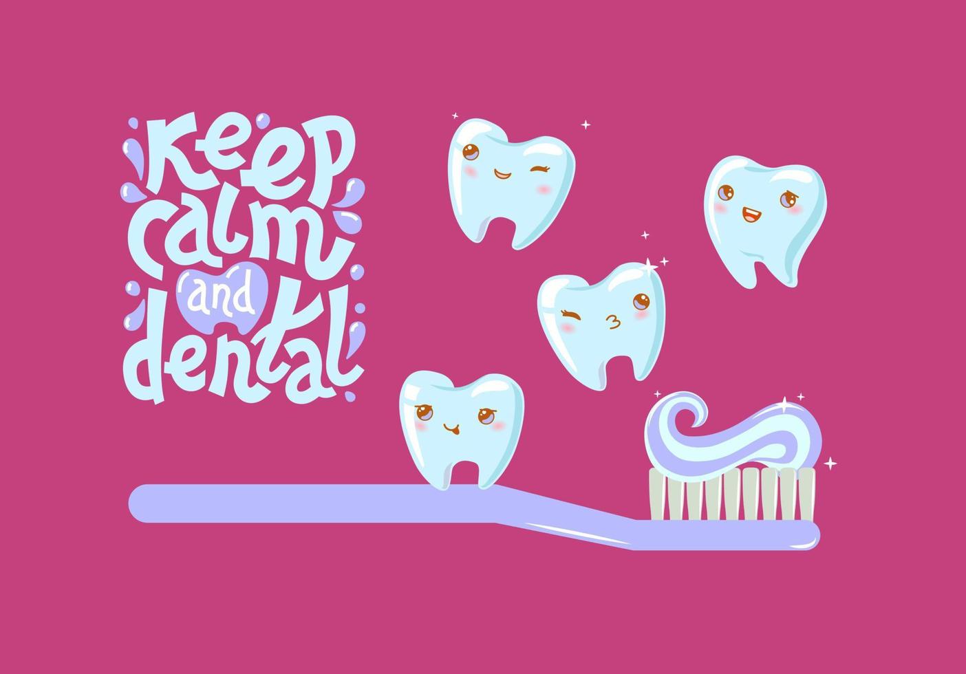 söt tand hygien. leende, Lycklig tänder maskotar med tandborste och tandkräm, oral dental sjukvård isolerat vektor illustration.