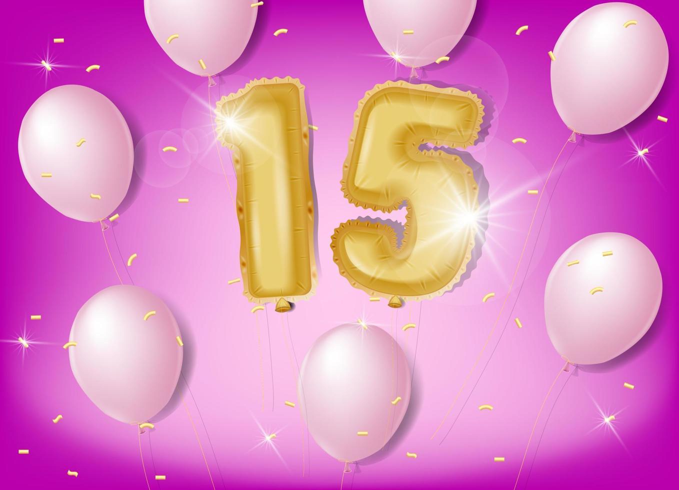 feiert 15 Jahre mit goldenen und rosa Luftballons und Glitzerkonfetti auf rosa Hintergrund. Vektordesign für Feiern, Einladungskarten und Grußkarten vektor