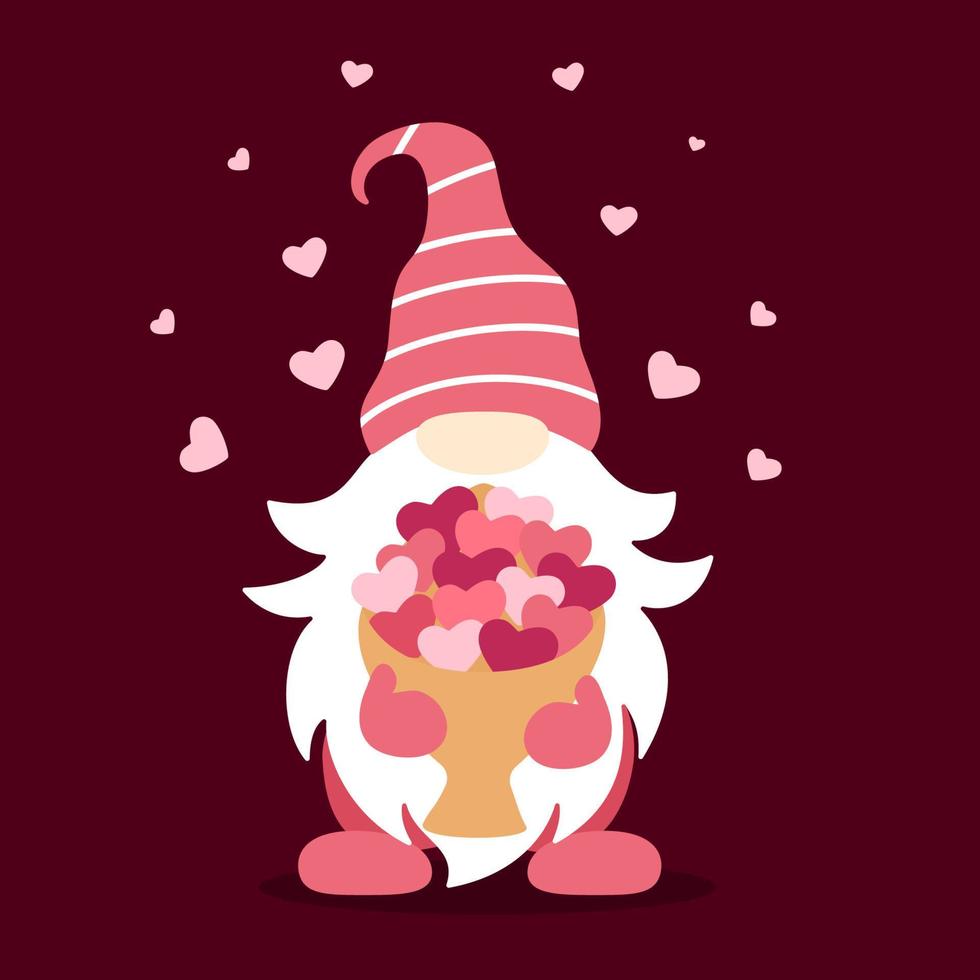 vektor illustration av söt gnome i kärlek med bukett av hjärtan. valentines dag design.