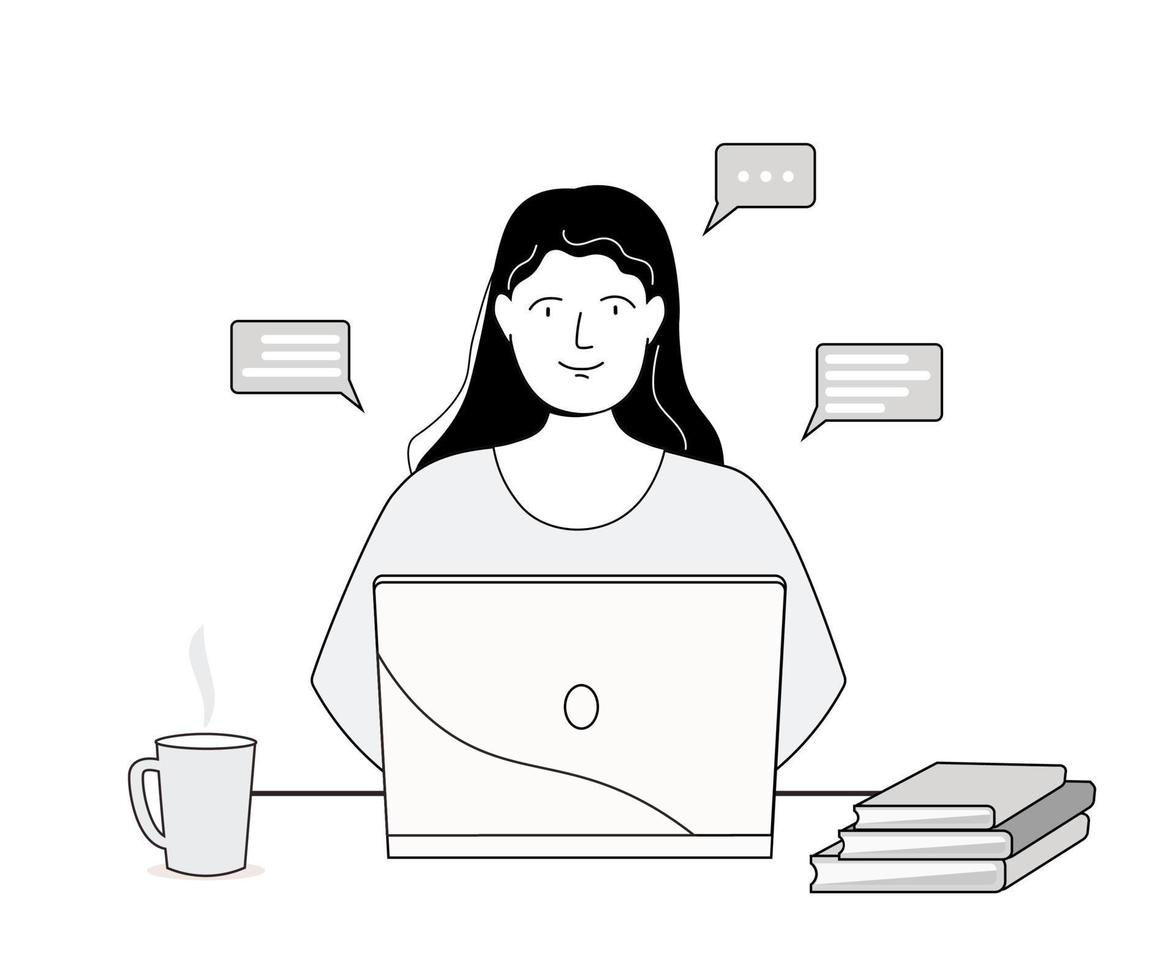 Eine Frau sitzt an einem Laptop. Das Mädchen studiert, arbeitet als Telefonistin, Managerin, kommuniziert online aus der Ferne. Vektorgrafiken Strichgrafiken. vektor