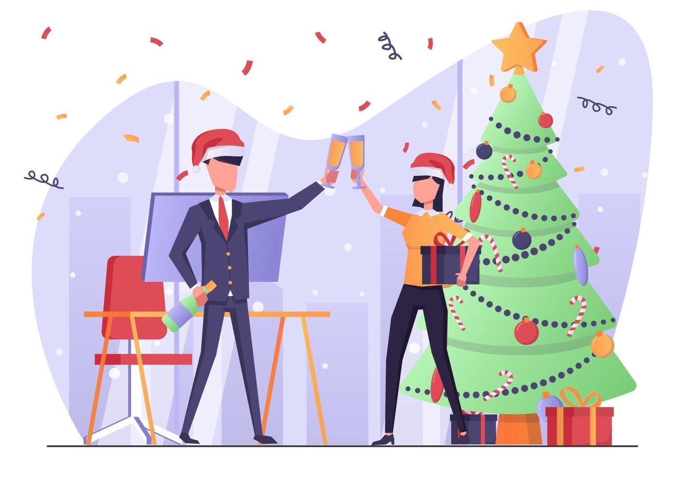 affärsmän i de kontor dricka champagne och fira jul, de jul träd är trimmade, ny år atmosfär vektor