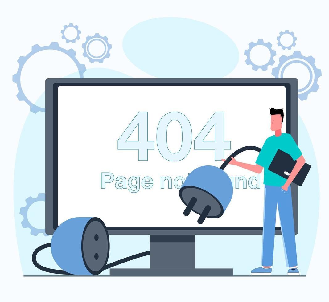 en 404 inte hittades fel. en man står Nästa till en övervaka den där visar en 404 fel. platt vektor illustration.