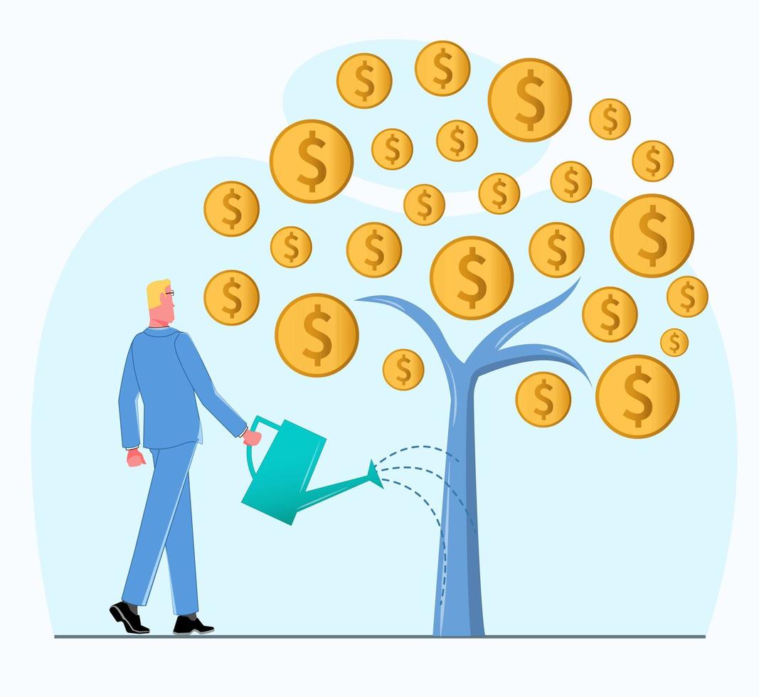 en företag man innehar en vattning kan och vattnen en träd med mynt, som symboliserar företag tillväxt platt vektor illustration