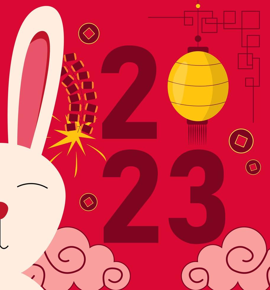 Chinesisches Neujahr. schriftzug 2023 mit einem kaninchen, chinesischen laternen, münzen, wolken und blumen vektor