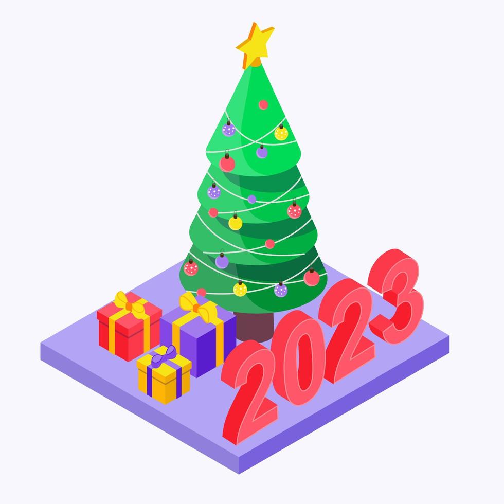 jul. ny år. isometrisk. jul träd med gåvor och inskrift 2023 vektor