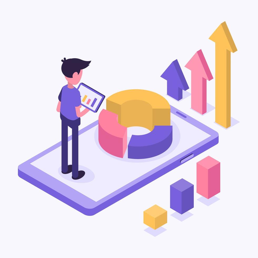 Unternehmensstatistik. Ein Geschäftsmann führt eine Finanzanalyse von Daten durch vektor