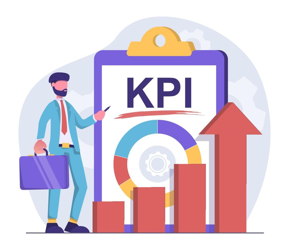 kpi. Geschäftsmann, der neben einem Diagramm der wichtigsten Leistungsindikatoren steht vektor