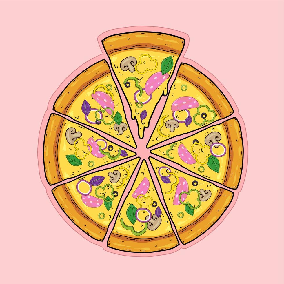 geschnittene Pizza mit Wurst, Schinken, Prosciutto, Paprika, Zwiebeln, Basilikum, Champignons, Oliven und Käse. flache vektorillustration. vektor