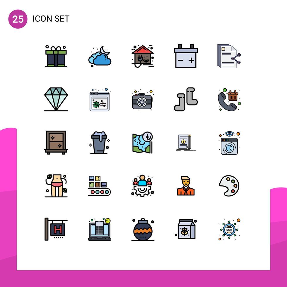 Gruppe von 25 gefüllten flachen Farbzeichen und Symbolen für die Freigabe von Dateien Eco Content Power editierbare Vektordesign-Elemente vektor