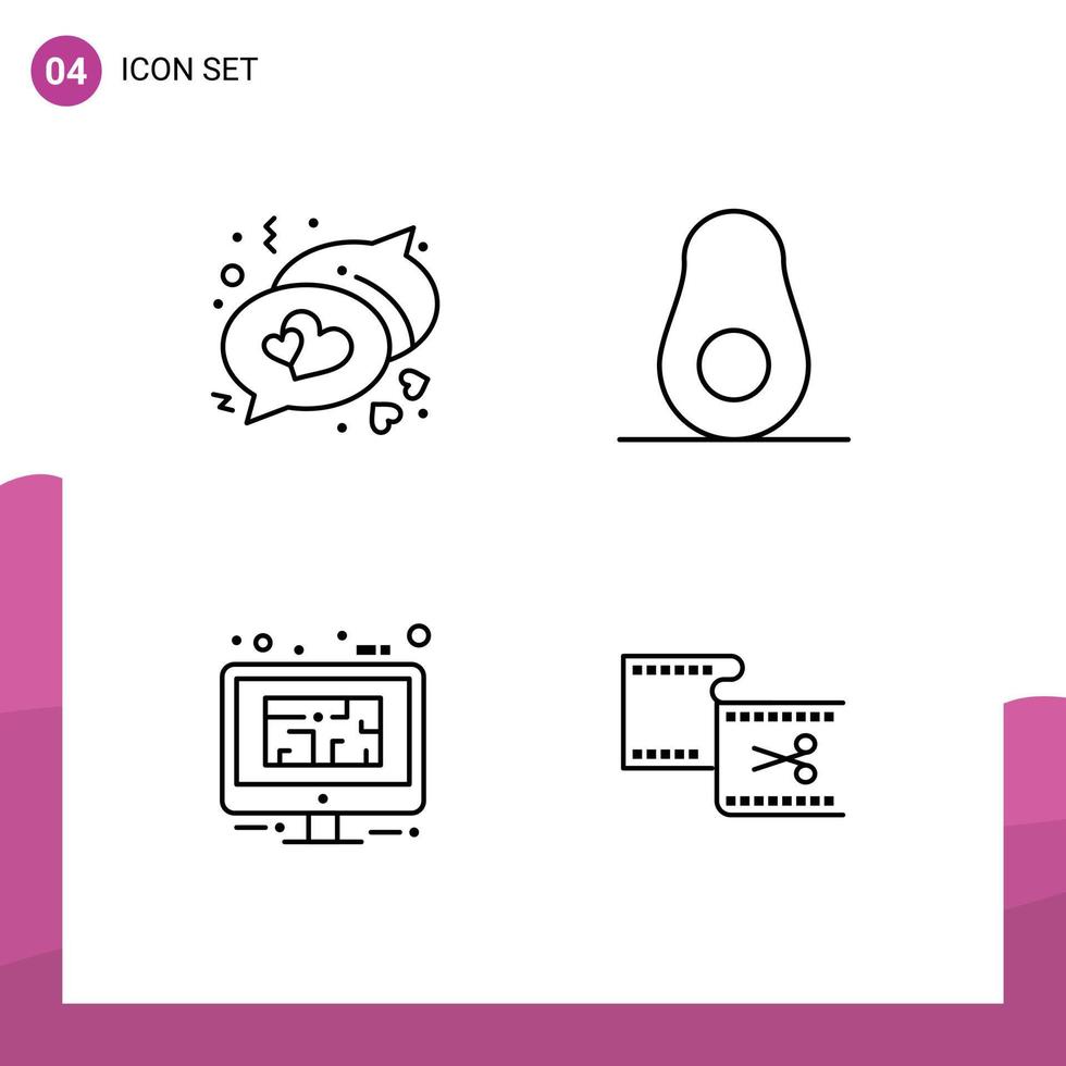 Stock Vector Icon Pack mit 4 Zeilenzeichen und Symbolen für Chat Floor Avocado Monitor Clip editierbare Vektordesign-Elemente