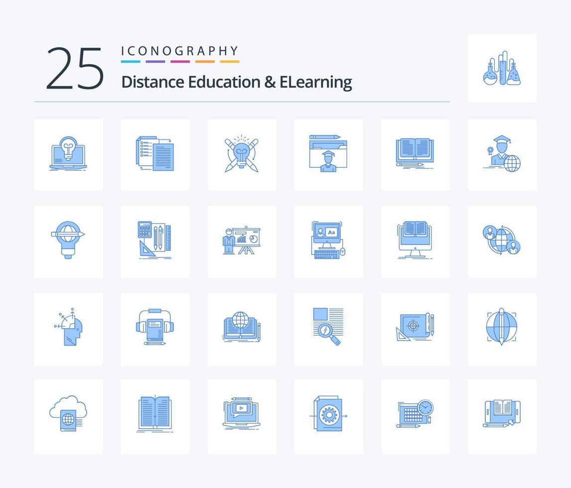 Fernunterricht und E-Learning 25 blaue Symbolpakete einschließlich Absolvent. Benutzerbild. WLAN. hell vektor