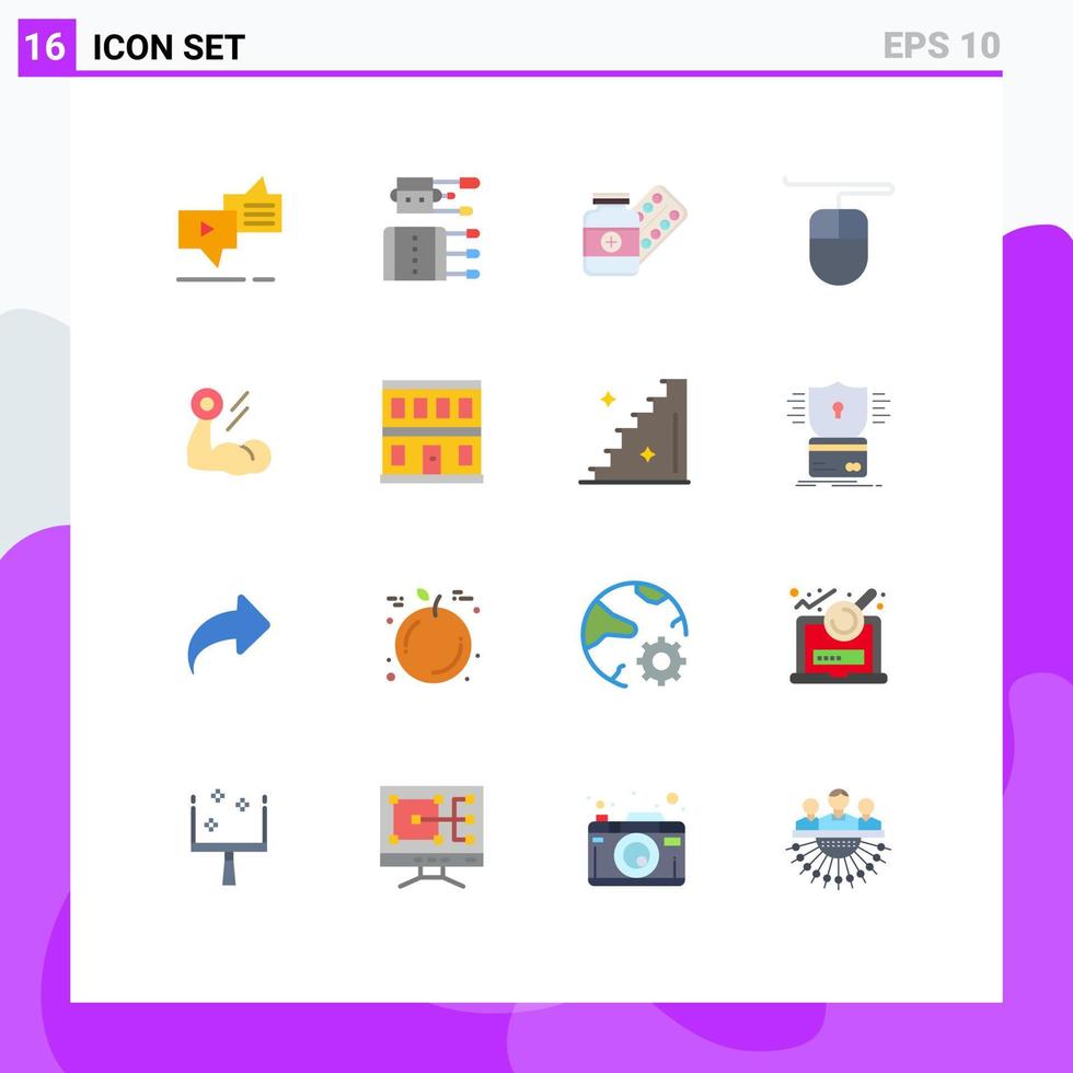 16 thematische Vektor-Flachfarben und editierbare Symbole von Bizeps-Hardware-Nadeln, Tablet-Kapsel, editierbares Paket kreativer Vektordesign-Elemente vektor