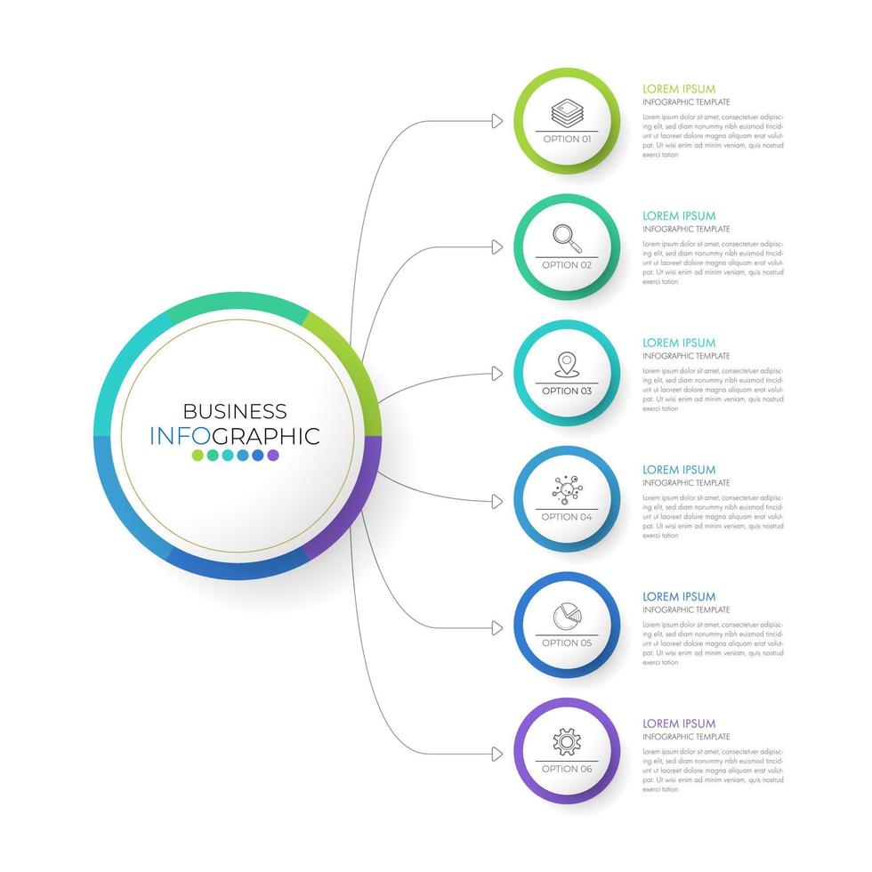 Die Infografik-Designvorlage kann für Präsentationen, Banner, Grafiken, Geschäftsabläufe und Diagramme verwendet werden. Moderne flache Zeitachsenvorlage mit 6 Optionen, Teilen, Schritt für Prozess. abstrakte Vorlage. vektor