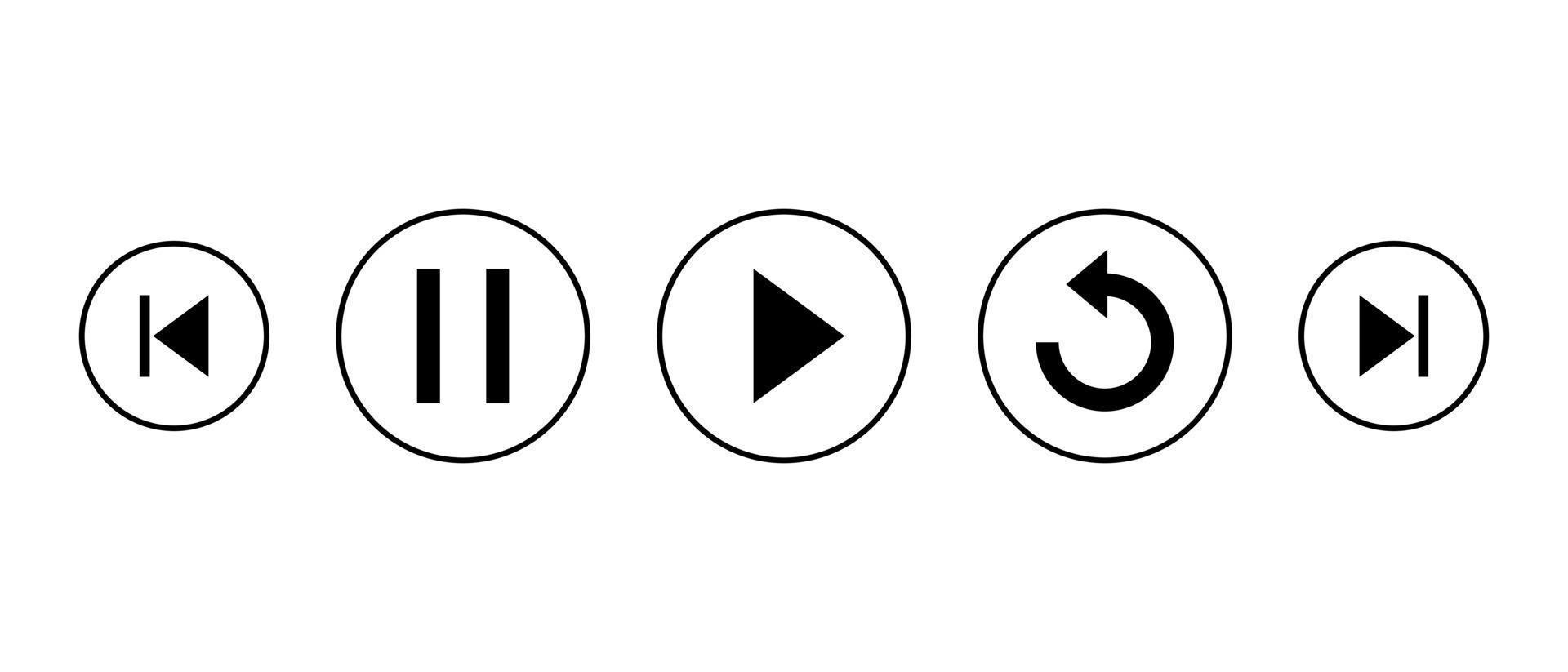 Schaltflächen „Zurück“, „Pause“, „Start“, „Wiederholen“ und „Nächster Titel“. Icon-Set-Sammlung von Musik-Player-App vektor