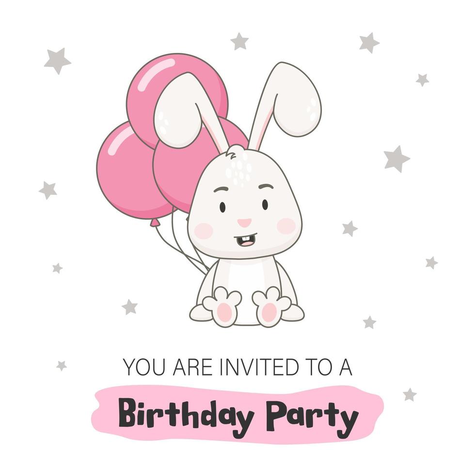 bebis födelsedag fest inbjudan mall. söt kanin karaktär med rosa ballonger isolerat på vit bakgrund. kanin vektor illustration.