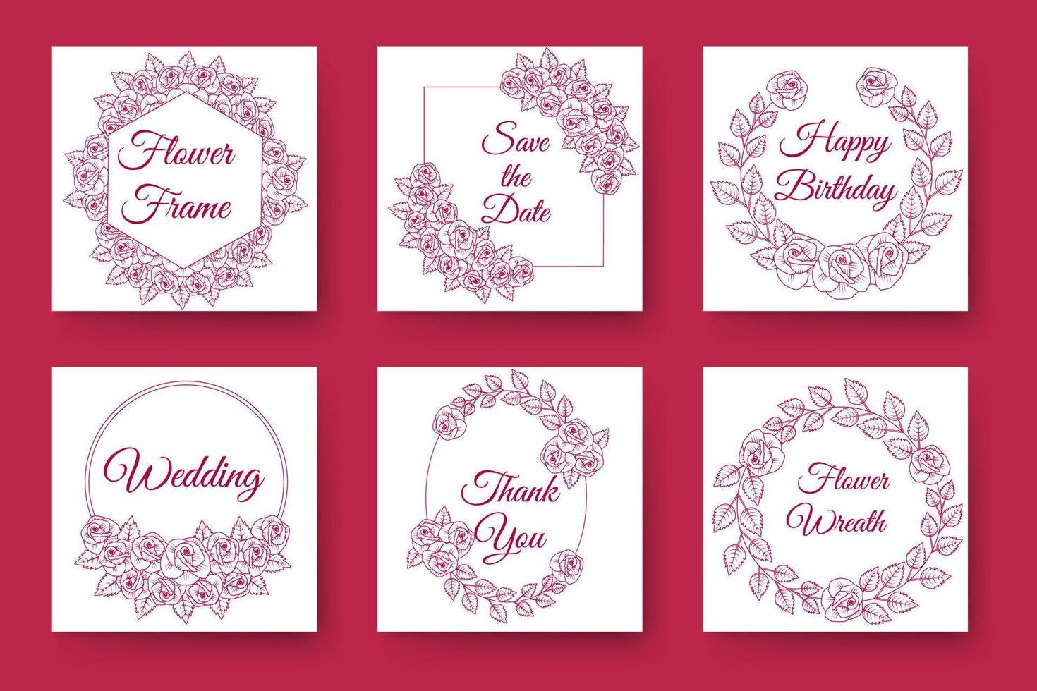 Blumen und Blumenkranz Hochzeitseinladung Rahmendesign mit eleganten viva magentafarbenen Hintergründen vektor