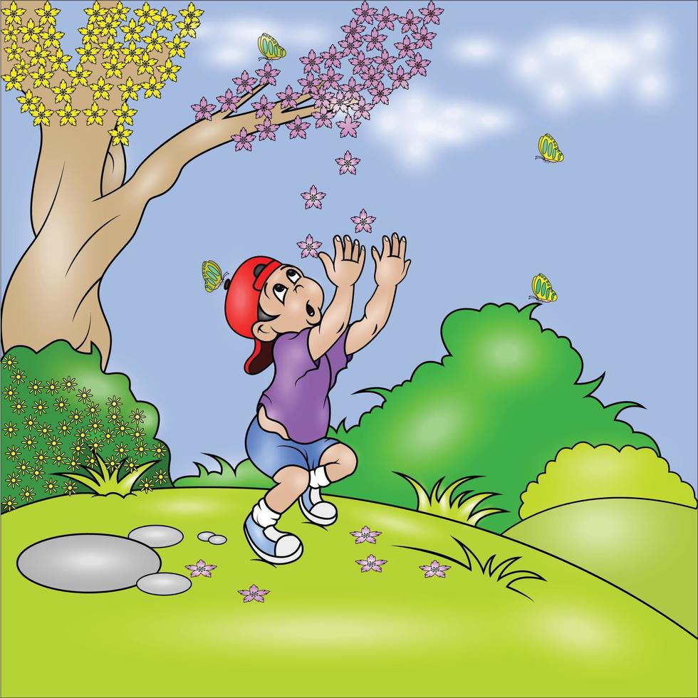 en barn spelar under en körsbär träd vektor