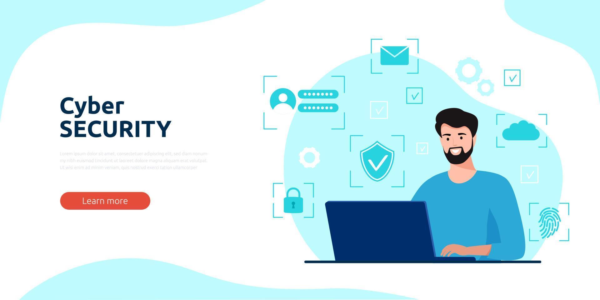 cyber säkerhet eller webb säkerhet webb baner eller landning sida. cyber säkerhet och Integritet begrepp. en man sitter på en dator arbete analytisk aktiviteter. internet säkerhet information. vektor illustration.