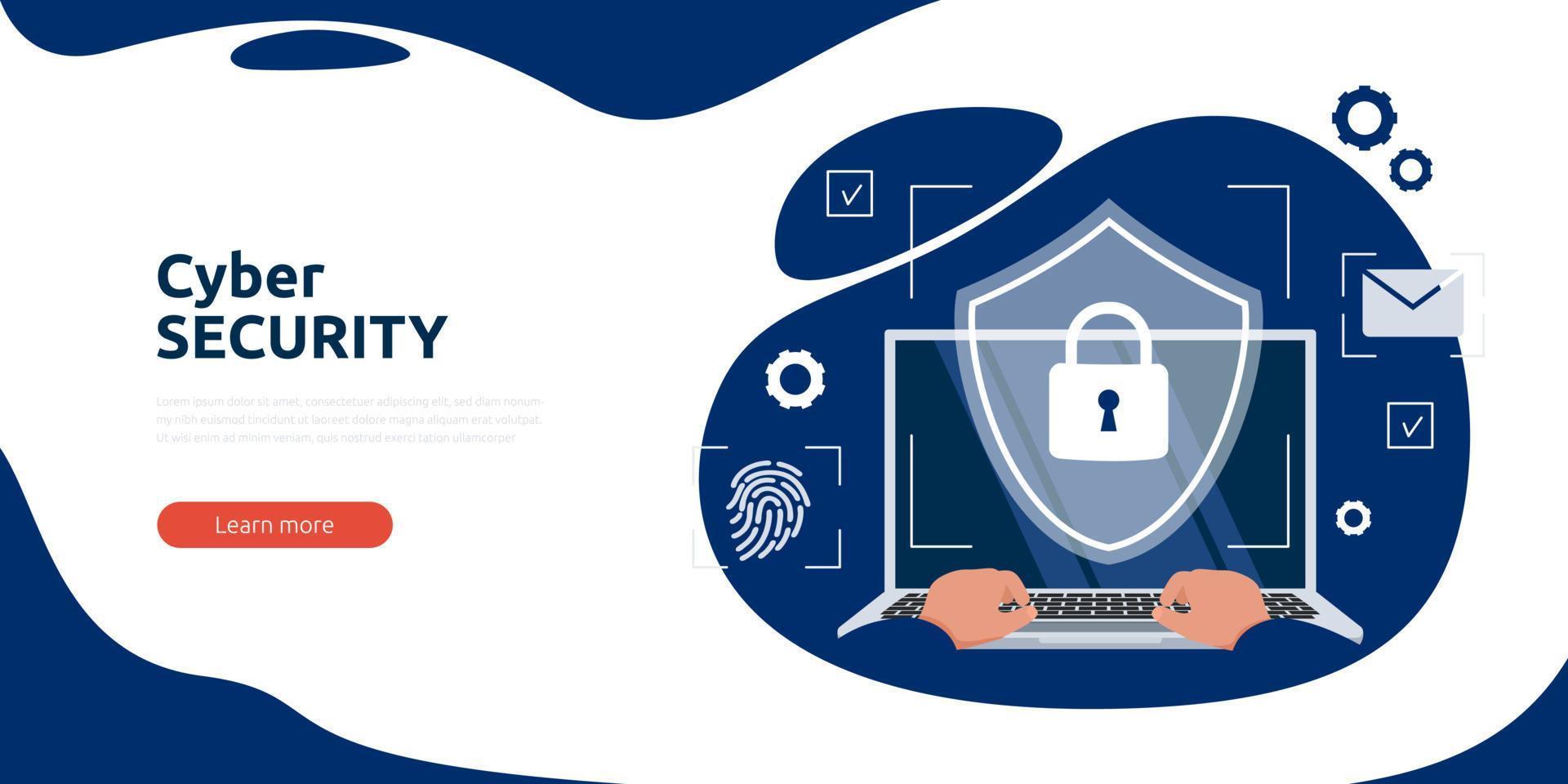 Webbanner oder Zielseite für Cybersicherheit oder Websicherheit. cybersicherheits- und datenschutzkonzept. Hände bei der Arbeit hinter einer Laptoptastatur. Informationen zur Internetsicherheit. Vektor-Illustration. vektor