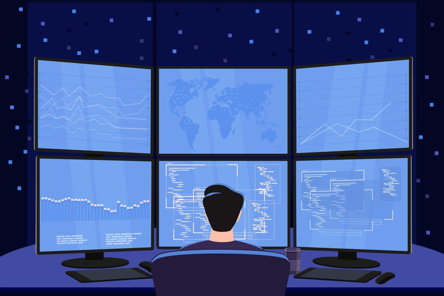 ein mann sitzt nachts am computer, blick von hinten, arbeiten nachts an den monitoren, analytische tätigkeiten im dunkeln, ohne licht. cybersicherheit, händler, geschäft, programmiererkonzept. vektor