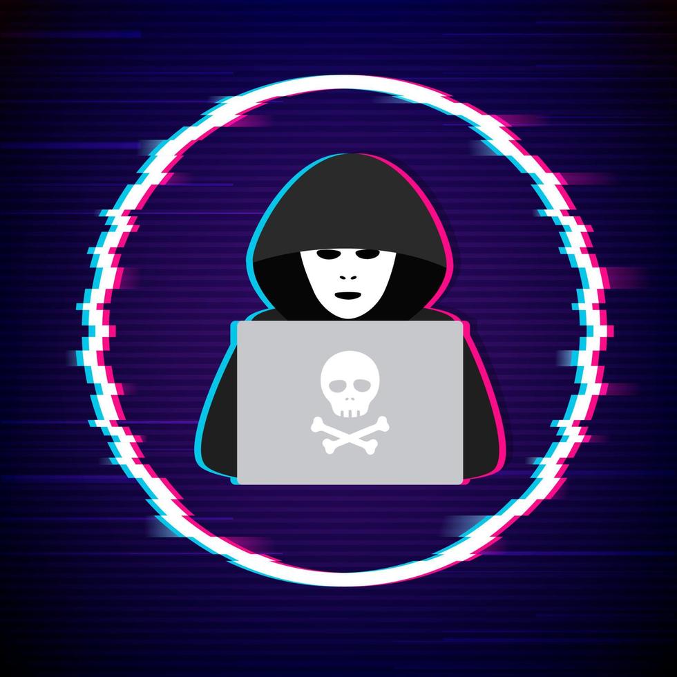 Hacker-Logo-Vorlage. Symbol des digitalen Diebes mit Laptop. Hacker-Symbol. Vektor-Illustration mit Glitch-Effekt. vektor