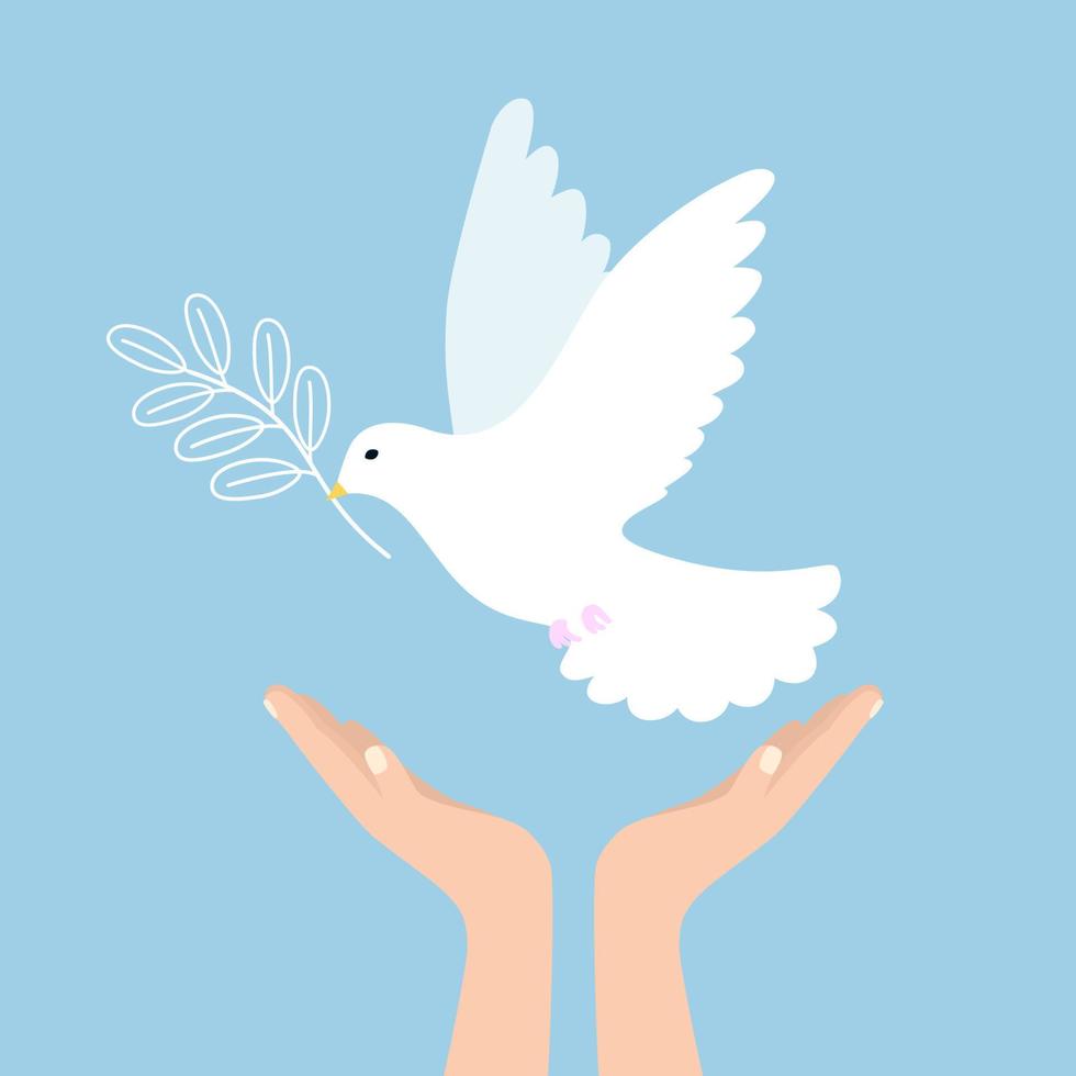 Friedenstaube, die aus offenen Händen fliegt. Symbol für Reinheit und Freiheit. vektor