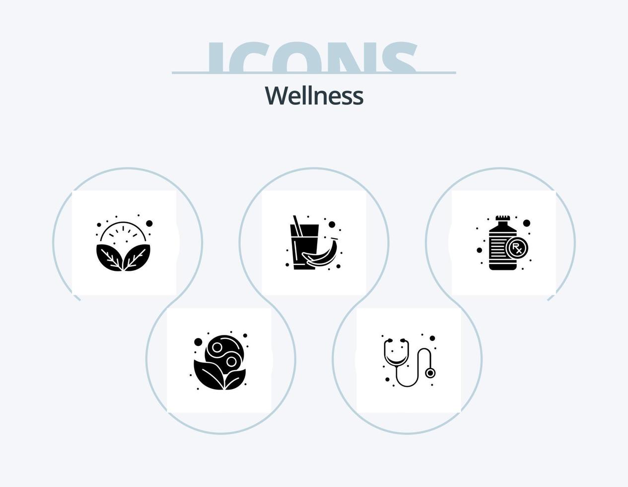 wellness glyf ikon packa 5 ikon design. flaska. hälsa. löv. frukt. banan vektor