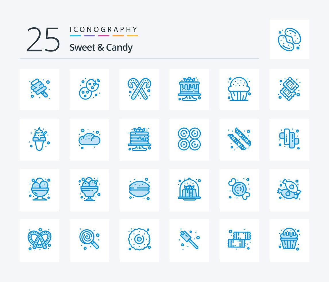 Süßes und Süßes 25 blaues Symbolpaket einschließlich Keks. Süßigkeiten. Zuckerstange. Lebensmittel. Kuchen vektor
