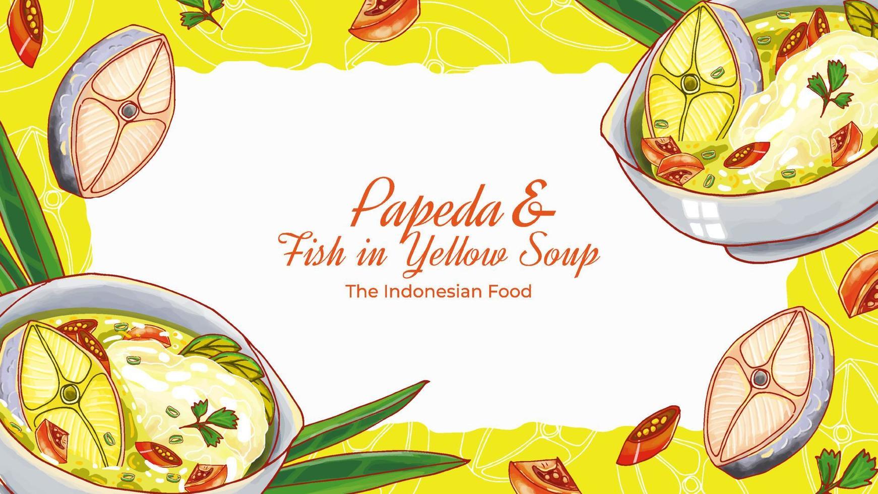 handgezeichneter Papeda und Fisch in gelber Suppe der traditionelle indonesische Lebensmittelhintergrund vektor