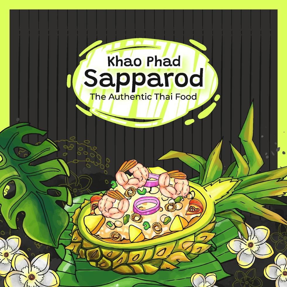 hand dragen khao phad sapparod de äkta thai mat bakgrund vektor